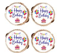 Happy Birthday Edible Cupcake Toppers - Vanilla Flavoured Icing Cupcake Decoration - 4 Colours - 2 Sizes (Blue, 15 x 50mm)