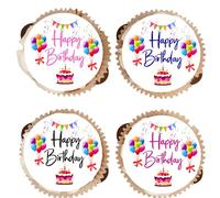 Happy Birthday Edible Cupcake Toppers - Vanilla Flavoured Icing Cupcake Decoration - 4 Colours - 2 Sizes (Mixed, 30 x 38mm)