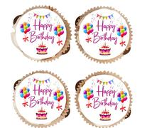 Happy Birthday Edible Cupcake Toppers - Vanilla Flavoured Icing Cupcake Decoration - 4 Colours - 2 Sizes (Purple, 30 x 38mm)