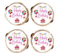 Happy Birthday Edible Cupcake Toppers - Vanilla Flavoured Icing Cupcake Decoration - 4 Colours - 2 Sizes (Pink, 15 x 50mm)