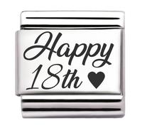 Happy Birthday Engraved Italian Charm - 9 mm Stainless Steel Link - Fits All Modular Stretch Bracelets - Jewellery Gift Idea for Birthday, Jubilee or Year Number (Happy 18th)