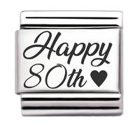 Happy Birthday Engraved Italian Charm - 9 mm Stainless Steel Link - Fits All Modular Stretch Bracelets - Jewellery Gift Idea for Birthday, Jubilee or Year Number (Happy 80th)