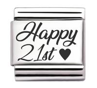 Happy Birthday Engraved Italian Charm - 9 mm Stainless Steel Link - Fits All Modular Stretch Bracelets - Jewellery Gift Idea for Birthday, Jubilee or Year Number (Happy 21st)
