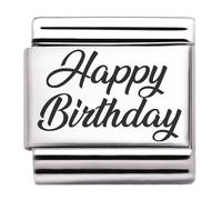 Happy Birthday Engraved Italian Charm - 9 mm Stainless Steel Link - Fits All Modular Stretch Bracelets - Jewellery Gift Idea for Birthday, Jubilee or Year Number (Happy Birthday)