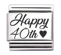 Happy Birthday Engraved Italian Charm - 9 mm Stainless Steel Link - Fits All Modular Stretch Bracelets - Jewellery Gift Idea for Birthday, Jubilee or Year Number (Happy 40th)