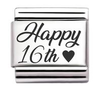 Happy Birthday Engraved Italian Charm - 9 mm Stainless Steel Link - Fits All Modular Stretch Bracelets - Jewellery Gift Idea for Birthday, Jubilee or Year Number (Happy 16th)