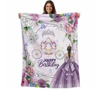 Happy Birthday Flannel Fleece Throw Blanket for Couch Chair Sofa Bed, Lightweight Soft Blanket for Women Men, Purple Luxury Dress Crown Carriage Flowers Warm Cozy Blankets for All Season 40" x 6