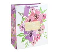 Happy Birthday Floral Extra Large White Gift Bag 33cm - Paper Present Bag with Lilac Handles & Name Tag