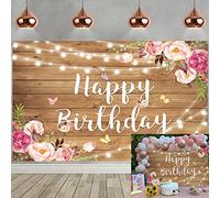 Happy Birthday Floral Wooden Backdrop 7x5FT Brown Glitter Wood Wall Pink Watercolor Flower Butterfly Women Photography Background Girl Birthday Party Cake Table Decoration Banner Props