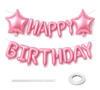 Happy Birthday Foil Balloon Banner, Metallic Pink, 17-Piece Decoration Set | Includes 13 letter shapes, 2 stars, inflation straw and white tape, for living-room walls and party-table backdrops