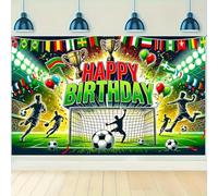 Happy Birthday football-themed banner - with player balloon and trophy designs, matching the party decoration 350x240CM
