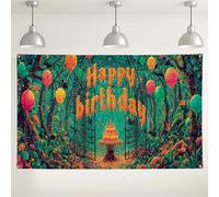 Happy Birthday Forest Backdrop, Colorful Balloon Party Decorations, Vibrant Photo Background for Birthday Celebrations, Indoor/Outdoor Use 71x43 Inch