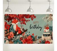 Happy Birthday Fox and Owl Floral Backdrop, Colorful Nature Theme Party Decorations, Cute Photography Background for Kid's Birthday in Spring 71x43 Inch