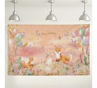 Happy Birthday Fox Theme Backdrop, Cute Animal Floral Party Decorations, Soft Pastel Indoor/Outdoor Photography Background for Kids Birthday Party 71x43 Inch