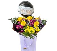 Happy Birthday Fresh Mix Cut Flower Bouquet Gift with Yellow Roses - Purple Chrysanthemums, Balloon and Box Bag for Celebrations, Indoor Floral Arrangement