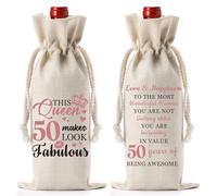 Happy Birthday Gifts Wine Bag - Elegant 50th Birthday Gift Red Wine Bag, Drawstring Burlap Wine Bottle Bag with Inspirational Quote for Women, Sisters, Mom, Lovers, Wife