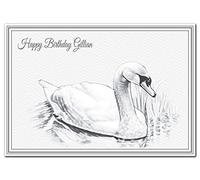 Happy Birthday Gillian - Birthday card with name supplied pre-printed - Unique design - Superior printing of a beautiful Swan- Premium quality - Exclusive Elegant Special