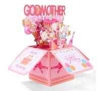 Happy Birthday Godmother Pop up Card, Dreamy Pink Foldable 3D Birthday Gift Box Balloon Exciting Firework Creative Pop up Gift Box with Envelope Greeting Card for Godmother