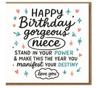 Happy Birthday Gorgeous Niece Card - Inspirational Hearts & Stars Design - 'Stand in Your Power & Manifest Your Destiny' - Love You Message