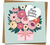Happy Birthday Grandma Card - Floral Bouquet Square Greeting, 145mm x 145mm, Pastel Mint with Pink Flowers, Includes Kraft Envelope - Cute Grandmother Birthday Card