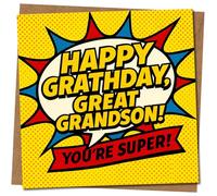 Happy Birthday Great Grandson Greeting Card - Comic Pop Art Superhero Design - Funny Great-Grandson Birthday Card with You're Super Message, 145mm x 145mm Square, Includes Kraft Envelope