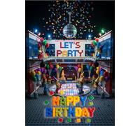 HAPPY BIRTHDAY GREETINGS CARD INSPIRED BY LEGO WITH LEGO FIGURES AT A DISCO - LET'S PARTY