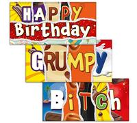 Happy Birthday + Grumpy + Bitch. Mixed Triple Pack - 3x Funny Chocolate Bar Wrappers. Choc Bar Covers Rude Joke Prank Insult Gift Fun Friend Present. Pack of 3. (Chocolate Not Included)