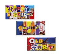 Happy Birthday + Grumpy + Old Fart Mixed Triple Pack 3x Funny Chocolate Bar Wrappers. Choc Bar Covers Rude Joke Prank Insult Gift Fun Friend Present. Pack of 3. (Chocolate Not Included)