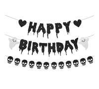 Happy Birthday Halloween Ghost Banner - 1 Set Black Glitter Letters & Spooky Ghost Cutouts, Reusable Card Garland for Creepy Zombie Vampire Party Decorations