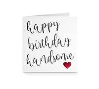 Happy Birthday Handsome Card - Red Heart Cursive (For Him)