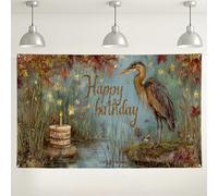 Happy Birthday Heron Wall Backdrop, Rustic Autumn Nature Decorations, Candle Cake Photo Background for Indoor/Outdoor Events, Fall Celebration Party 71x43 Inch