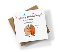 Happy Birthday Human Bean Square Card - Novelty Funny Fun Greetings Cute Joke Pun Quote Saying Beans Personalised/Blank Message White Card Kraft Envelope (Blank Message Prime)