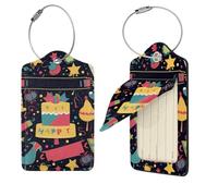 Happy Birthday Images Luggage Tag for Suitcase PU Leather Suitcase Tag with Stainless Steel Loop and Address Card Baggage Tags Cute Bag Name Travel Tags ID Labels for Women Men 2 PCS