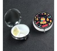 Happy Birthday Images Pill Box with Mirror 3 Compartment Decorative Pill Case for Purse or Pocket Small Round Pill Organizer Weekly Metal Medicine Tablet Vitamin Holder Travel Gift