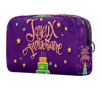 Happy Birthday in French Joyeux Anniversaire with Tart Cake Cosmetic Bag for Women, Travel Toiletries Bags Large Makeup Handy Pouch Organiser Bag with Zipper