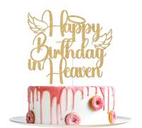 Happy Birthday in Heaven Cake Topper, Heavenly Angel Wings Celebrations Party Decorations, Happy Heavenly Birthday Anniversary, Funeral Memorial Party Supplies (Gold Glitter)