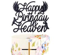 Happy Birthday in Heaven Cake Topper - Memorial Decor for Heavenly Angel Birthday Sign, He is Risen, Easter Festival Sign, Funeral Remembrance Party Decorations Supplies, Black Glitter