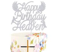 Happy Birthday in Heaven Cake Topper - Memorial Decor for Heavenly Angel Birthday Sign, He is Risen, Easter Festival Sign, Funeral Remembrance Party Decorations Supplies, Silver Glitter