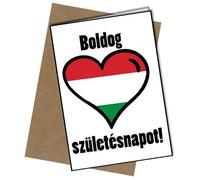 Happy Birthday In Hungarian - Hungarian Flag Heart Shape Design A5 Birthday Card | Envelope Included | Blank Inside | Unique Design | Personalised Free of Charge