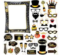 Happy Birthday Inflatable Selfie Frame Photo Booth Frame with 30Pcs Photo Booth Props,Black Gold Inflatable Picture Frame Blow Up Party Prop for Boys Girls Men Women Him Her Birthday Party Decorations