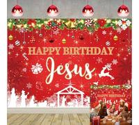 Happy Birthday Jesus Backdrop Red Christmas Jesus's Birthday Photography Background Winter Snowflake Xmas Party Decorations Banner Photo Props (8x6FT: 96x72 inch)