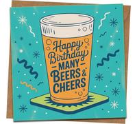 Happy Birthday Many Beers & Cheers Card - 145mm Square Beer Pint Design Greeting Card with Kraft Envelope - Fun Birthday Card for Him, Dad, Husband, Friend