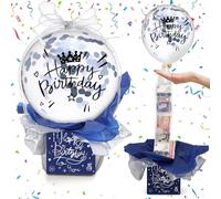 Happy Birthday Money Balloon Surprise Set with Balloon, Ribbon, Holder, Money Pull out Gift Box for Cash Gift, Novelty Idea for Birthday Party, Blue Cash Pull-Out Money Bank for Boy Men Celebration