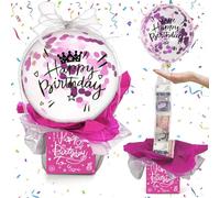 Happy Birthday Money Balloon Surprise Set with Balloon, Ribbon, Holder, Money Pull out Gift Box for Cash Gift, Novelty Idea for Birthday Party, Pink Cash Pull-Out Money Bank for Girl Women Celebration