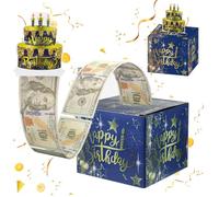 Happy Birthday Money Box Cash Gift Pull, Money Pull Out Gift Box, Surprise Birthday Money Box with 30Pcs Transparent Bags, Blue Gold Money Gift Box for Men and Women Birthday Gifts