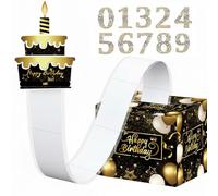 Happy Birthday Money Box Cash Gift Pull, with Digital DIY Stickers and 100 Transparent Pouches for Any Age, Boys Girls Surprise Cash Gift Box, Black and Gold 3D Cake-shaped Birthday Money Box