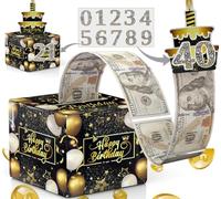 Happy Birthday Money Box Cash Gift Pull with DIY Stickers for Any Age, Surprise Money Gift Box with Pull out Happy Birthday Card and 30Pcs Transparent Bags for Money/Lottery/Coupon on One's Birthday