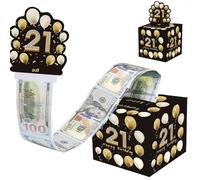 Happy Birthday Money Box for Cash Gift,Black Gold Pull Surprise Money Gift Box for Boys Girls 21st Birthday Presents,Money Cake Pull out Cash with Happy Birthday Card,Money Pull Box for Her Him