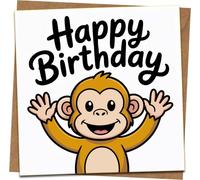 Happy Birthday Monkey Card - Cute Cartoon Greeting Card for Kids & Adults, 145mm x 145mm Square, Includes Kraft Envelope