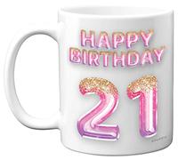 21st Birthday Gift for Women - Pink Purple Glitter Balloons - Happy Birthday Mug Present for 21 Year Old Daughter Sister Granddaughter Cousin Friend, 11oz Ceramic Dishwasher Safe Coffee Mugs Cup